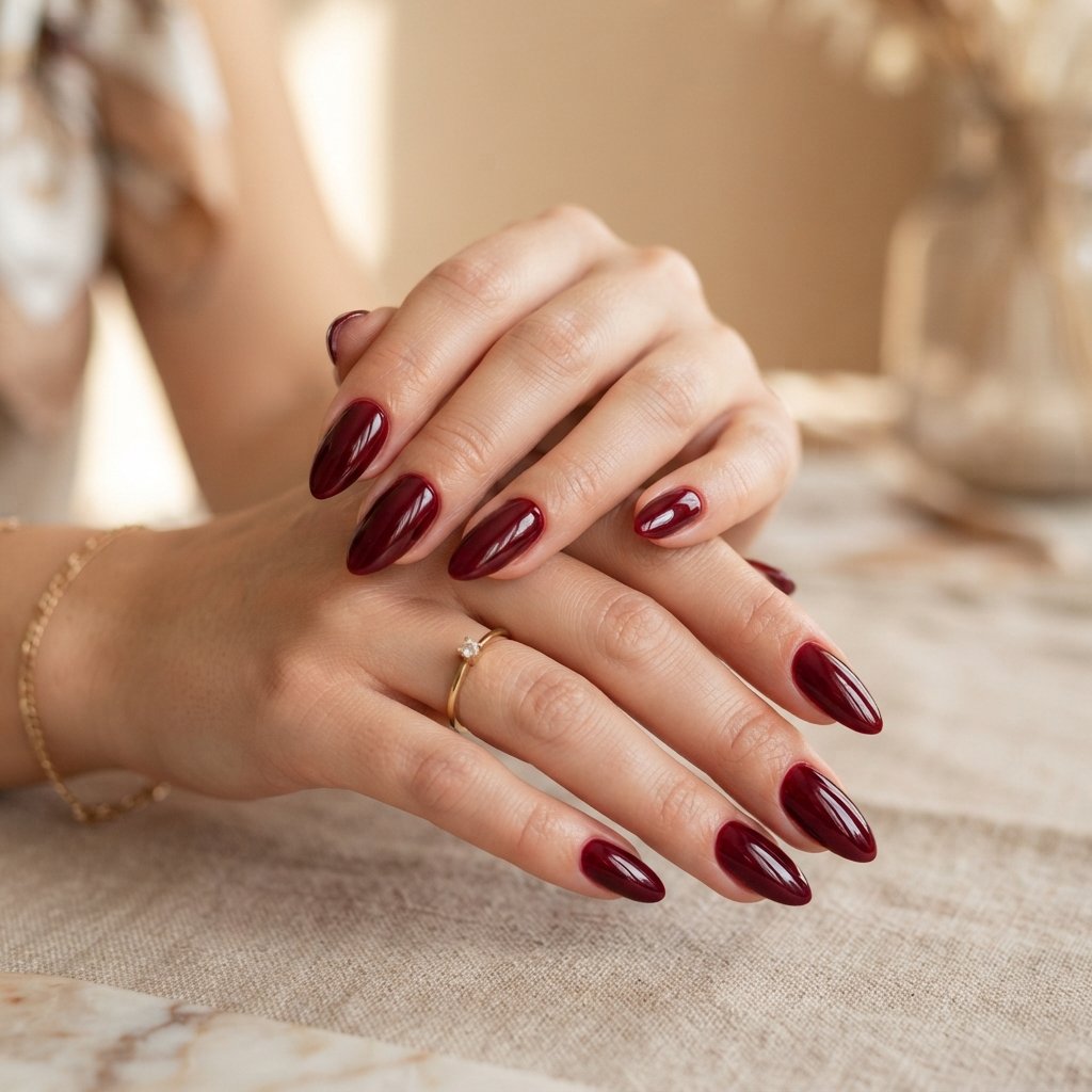 Dark Burgundy Red Almond Nails