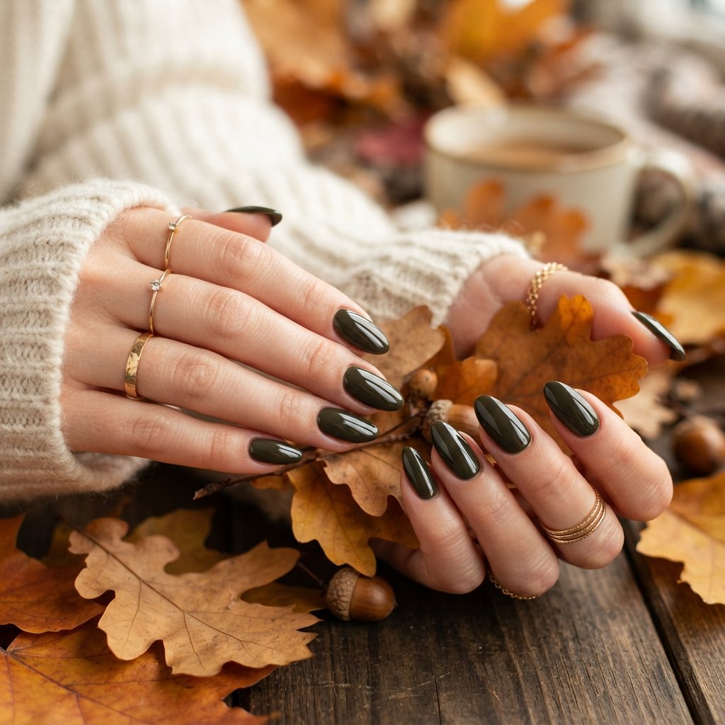 24 Green Fall Nail Designs That Feel Fresh and Trendy 15 Dark Olive Gloss