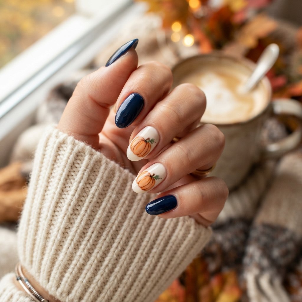 26 Blue Fall Nail Designs That Bring a Fresh Twist to Autumn 16 Blue Pumpkin Accent Nails