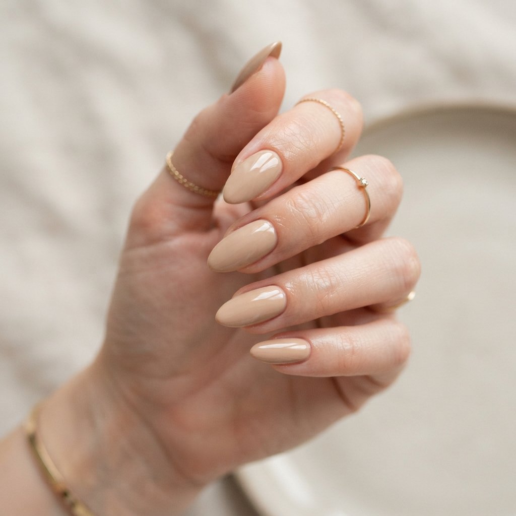 Glossy Beige Almond Nails
