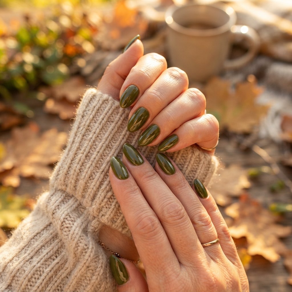 24 Green Fall Nail Designs That Feel Fresh and Trendy 2 Glossy Olive Green Nails