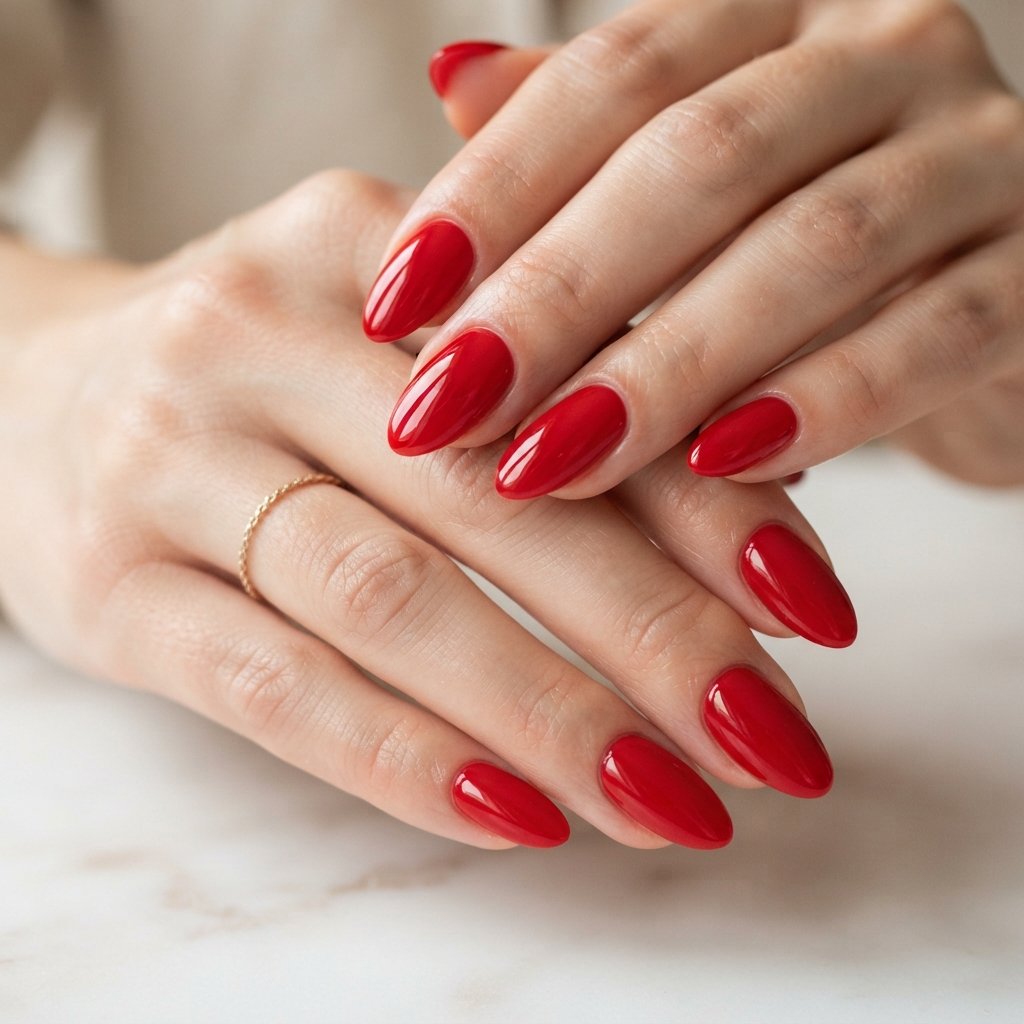 Classic Glossy Red Almond Nails
