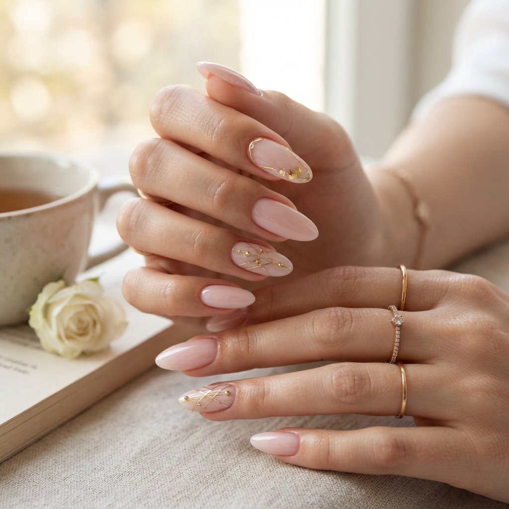 27 Long Almond Nails That Make a Stunning Statement 13 Gold Accent Long Almond Nail