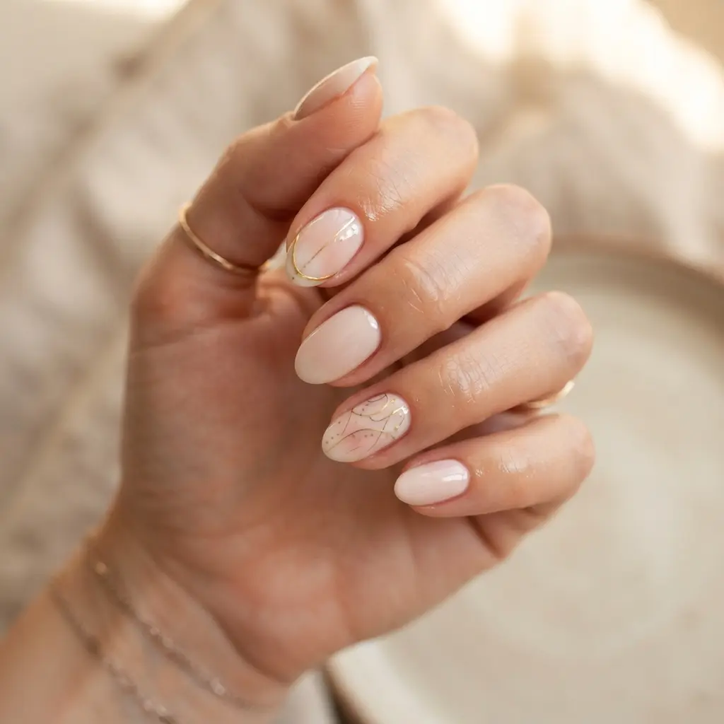 Short Almond Nails With Gold Details
