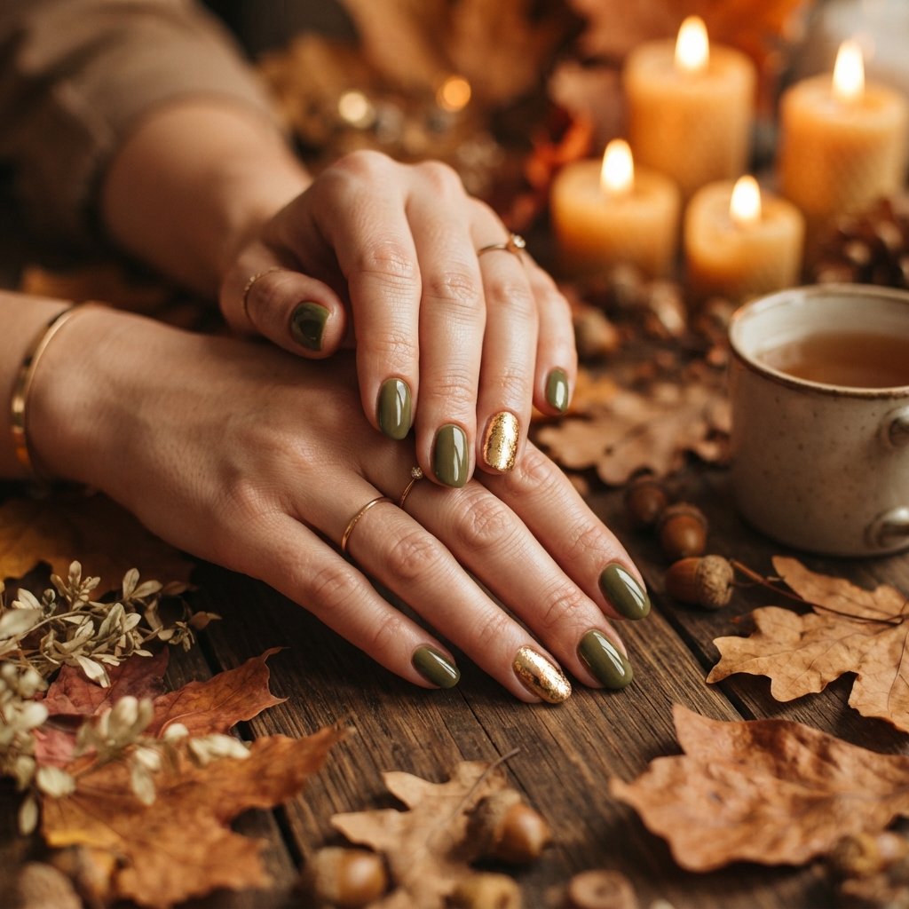 24 Green Fall Nail Designs That Feel Fresh and Trendy 8 Green and Gold Accent Nails