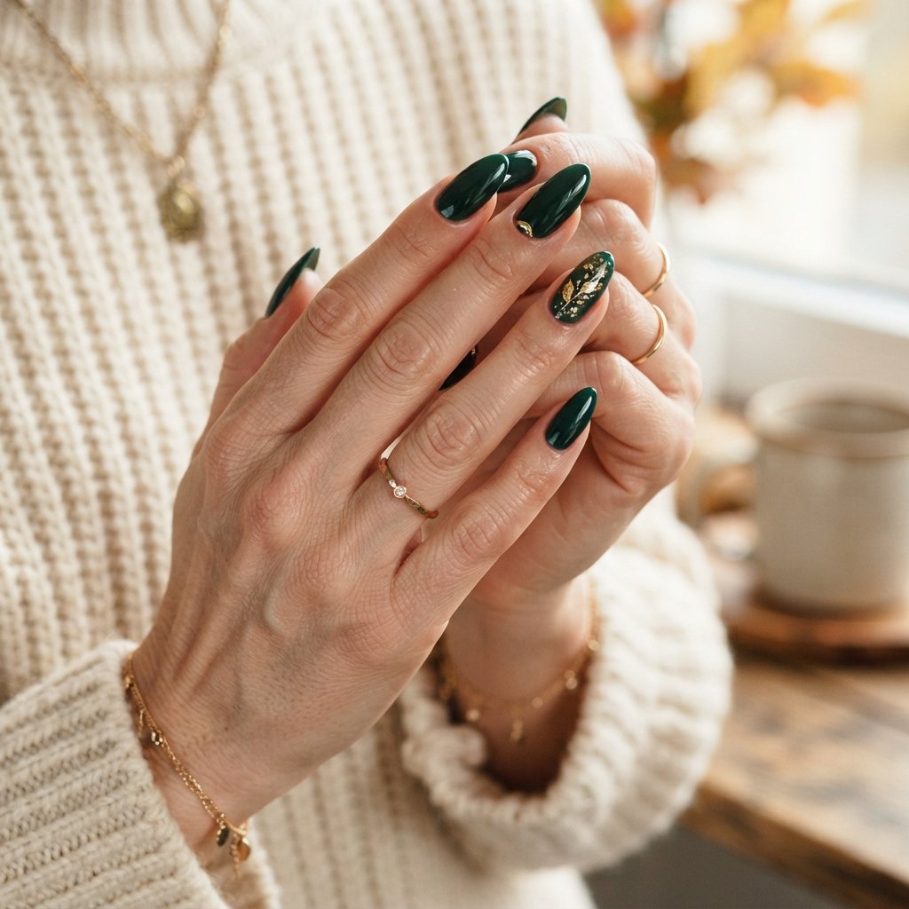 22 Long Fall Nail Designs That Turn Heads Instantly 12 Forest Green and Gold