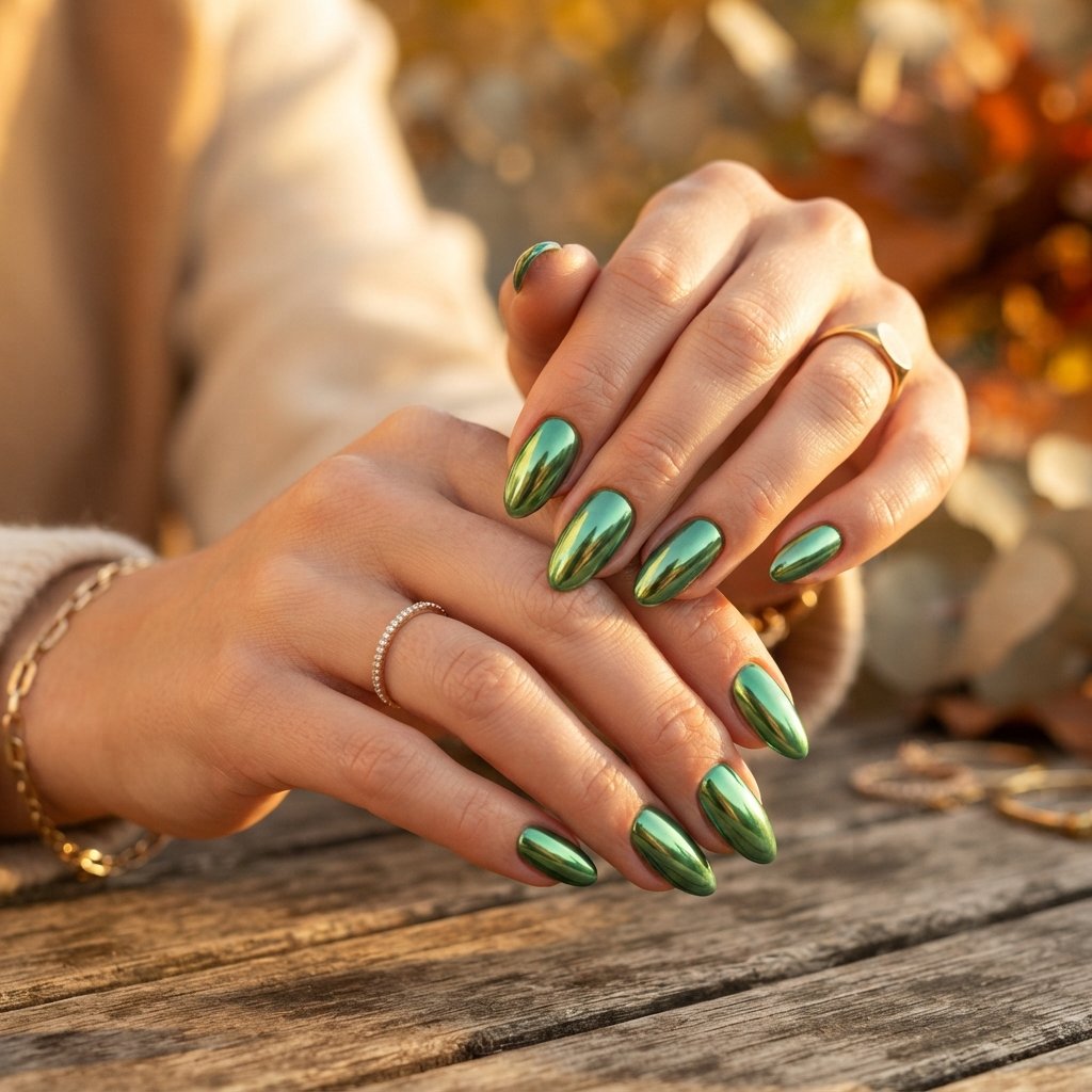 24 Green Fall Nail Designs That Feel Fresh and Trendy 16 Green Chrome Nails