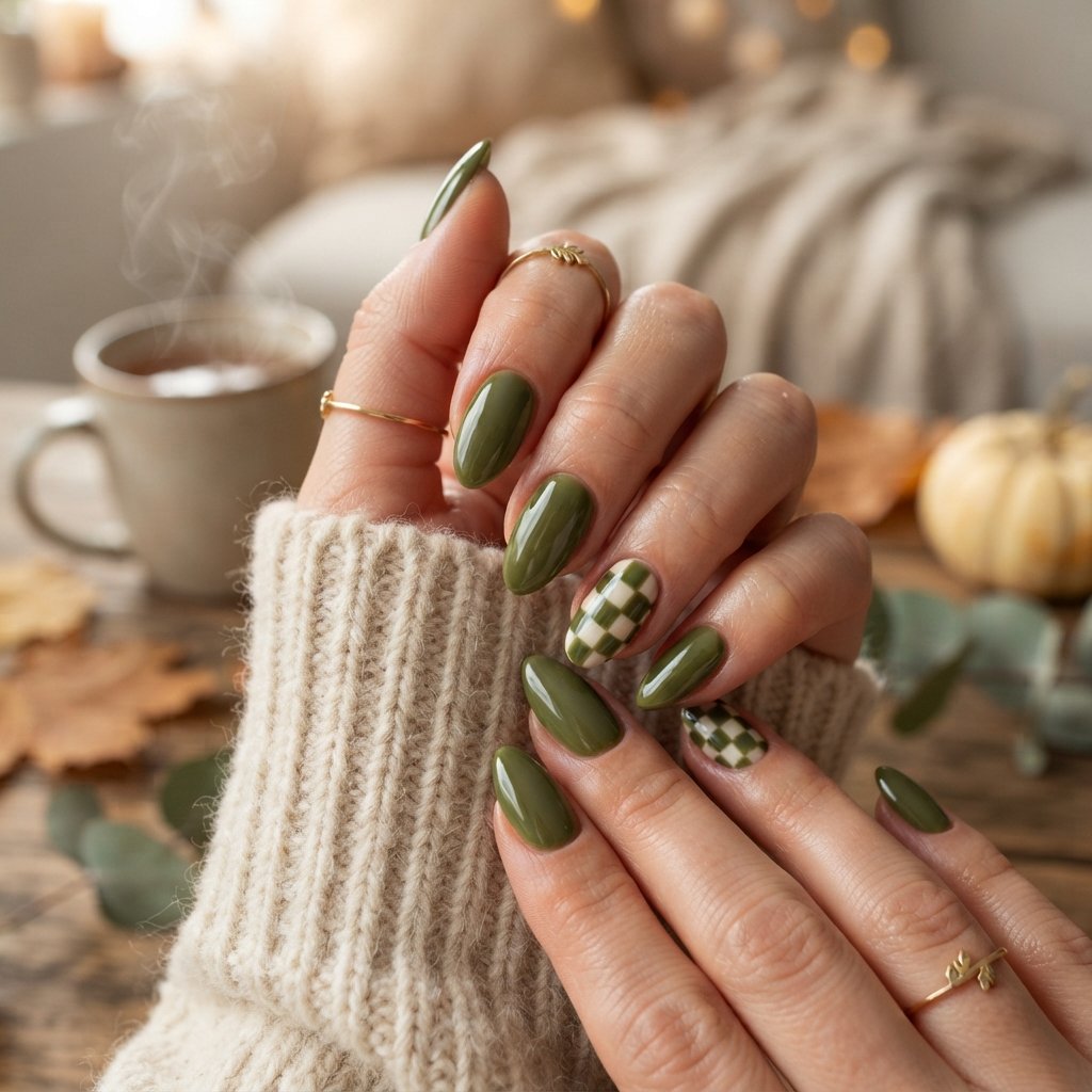 24 Green Fall Nail Designs That Feel Fresh and Trendy 23 Green Checkerboard Accent