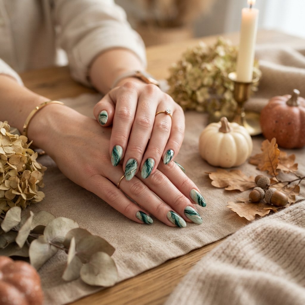 24 Green Fall Nail Designs That Feel Fresh and Trendy 11 Green Marble Nails