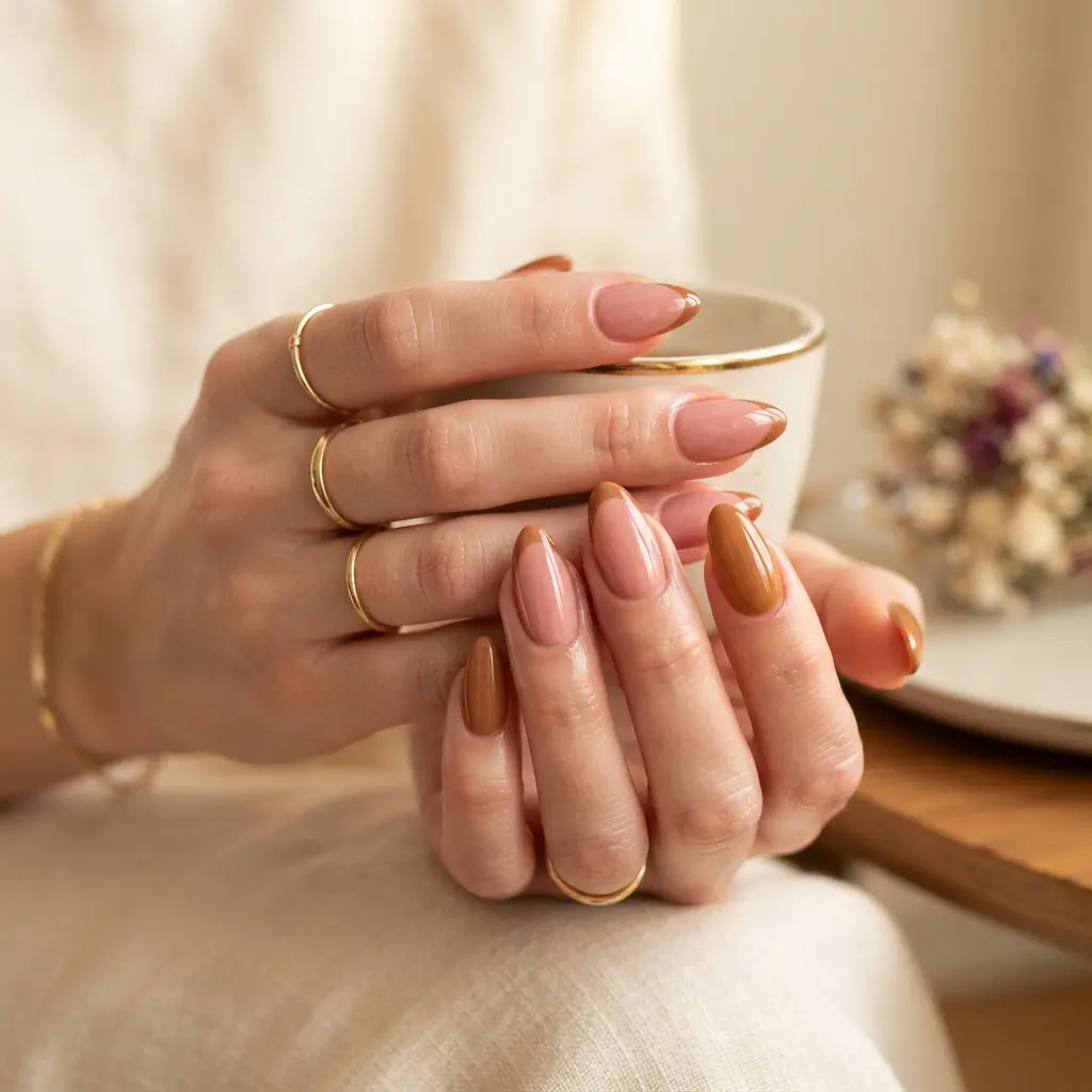 25 Summer to Fall Nail Designs Perfect for the Seasonal Transition 15 Warm Pink and Caramel