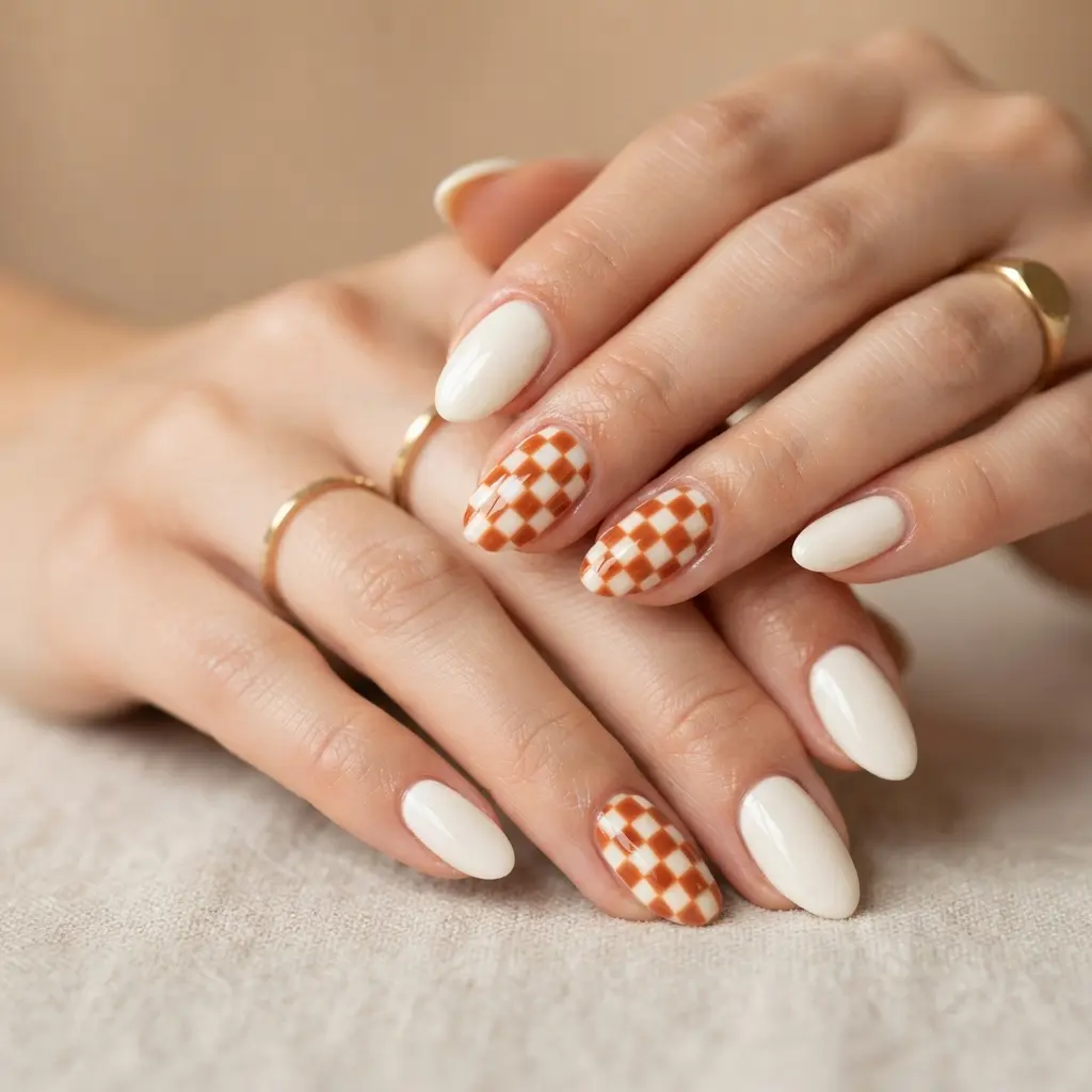 25 Summer to Fall Nail Designs Perfect for the Seasonal Transition 24 Cream and Rust Checkerboard