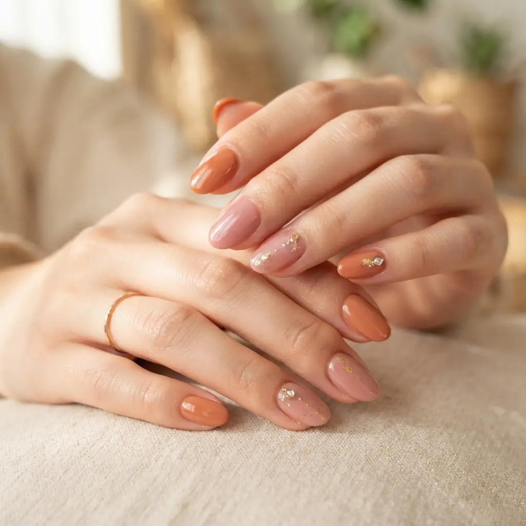 25 Summer to Fall Nail Designs Perfect for the Seasonal Transition 12 Muted Orange and Pink