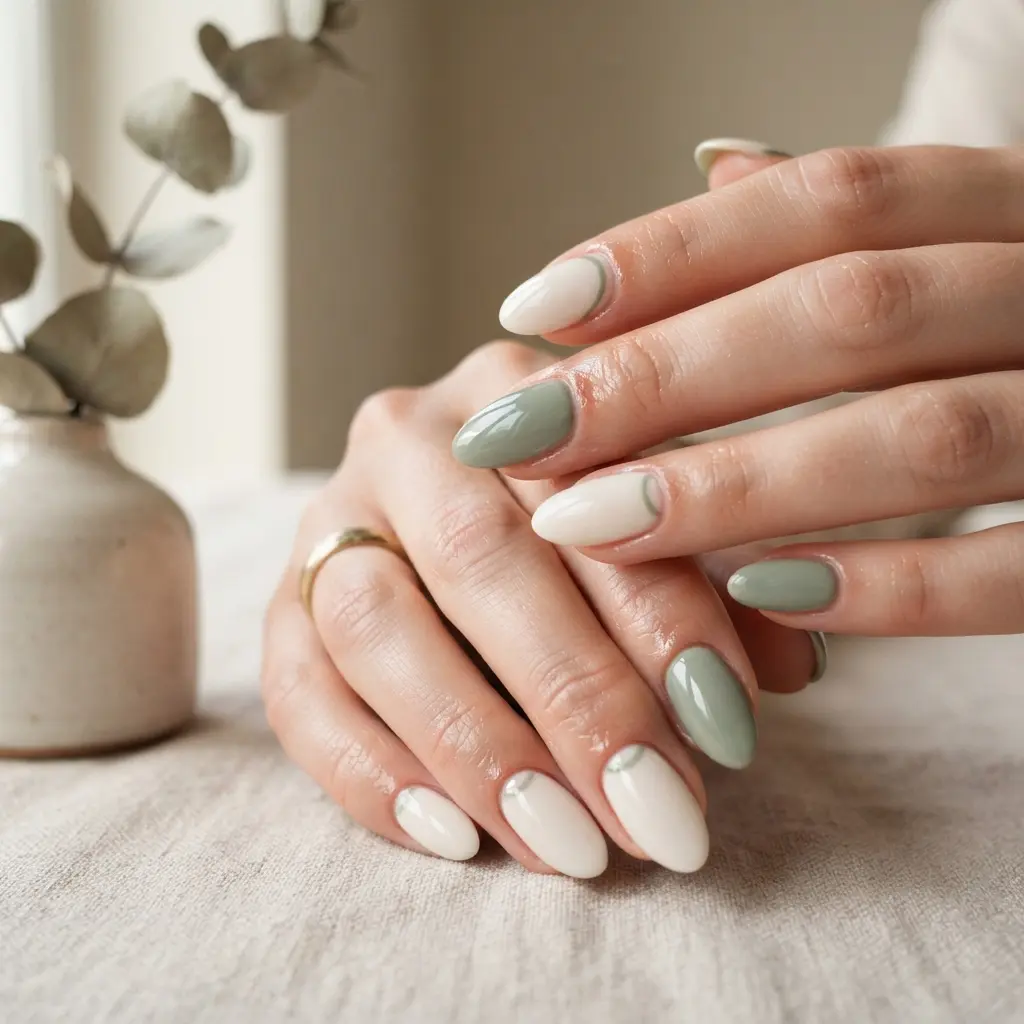 25 Summer to Fall Nail Designs Perfect for the Seasonal Transition 9 Sage Green and Cream