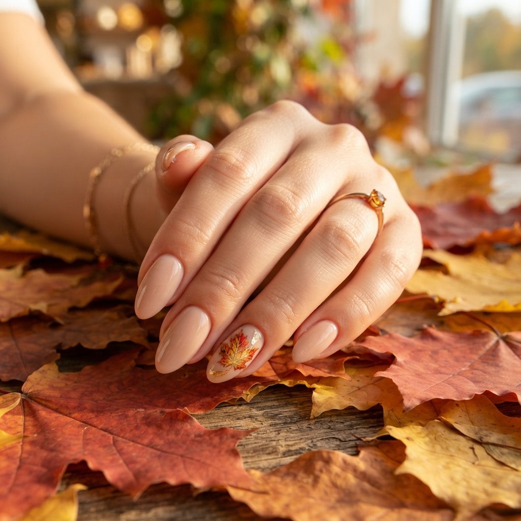 20 Almond Shape Fall Nail Designs That Look Elegant Every Time 18 Maple Leaf Accent