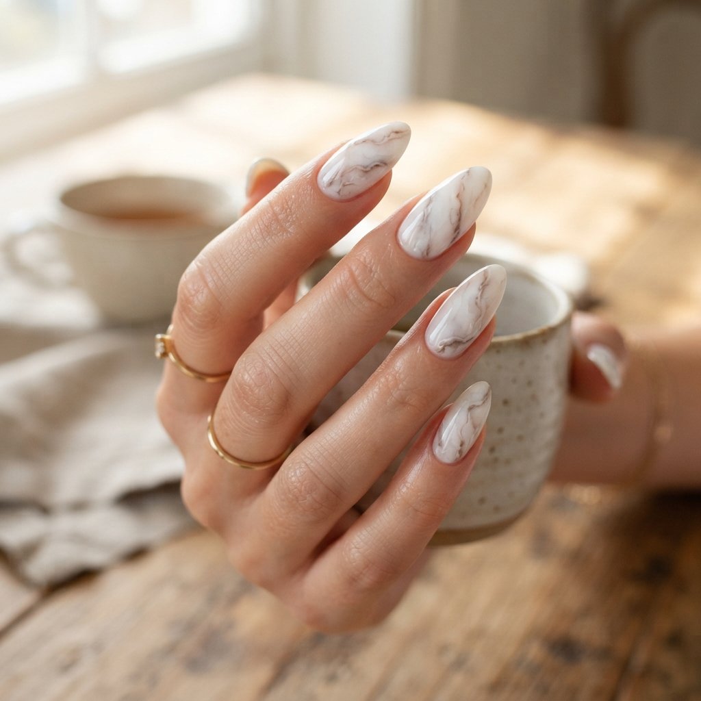 27 Long Almond Nails That Make a Stunning Statement 24 Marble Long Almond Nails