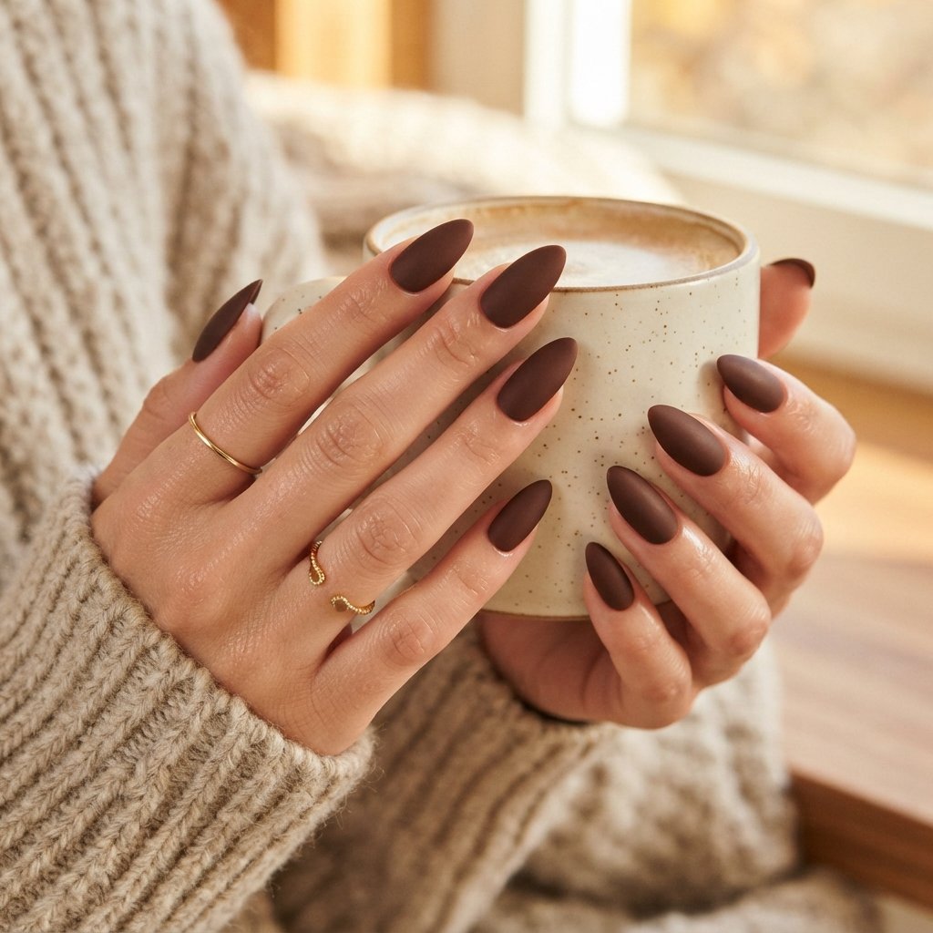 27 Long Almond Nails That Make a Stunning Statement 16 Matte Brown Long Almond Nail