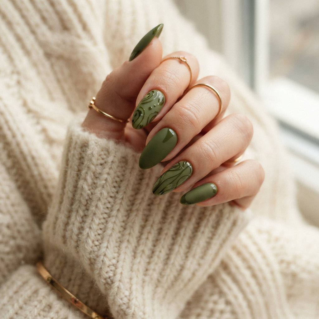22 Long Fall Nail Designs That Turn Heads Instantly 19 Matte Olive With Glossy Details