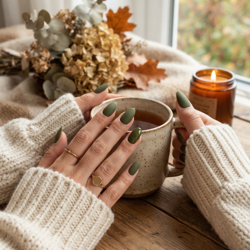 24 Green Fall Nail Designs That Feel Fresh and Trendy 9 Matte Olive Nails