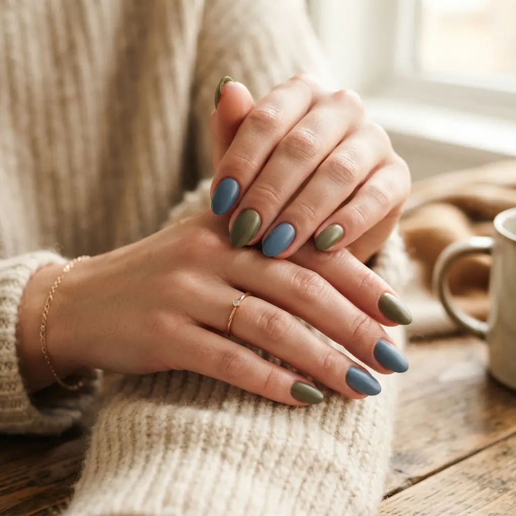 Muted Blue And Olive Nails