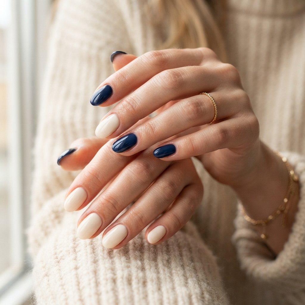 26 Blue Fall Nail Designs That Bring a Fresh Twist to Autumn 11 Navy And Cream Nails
