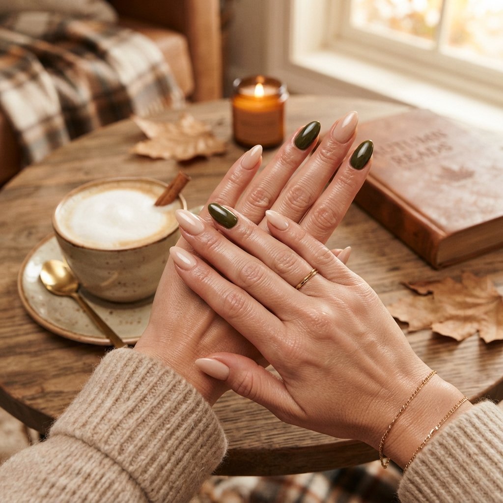 24 Green Fall Nail Designs That Feel Fresh and Trendy 12 Olive and Cream Mix