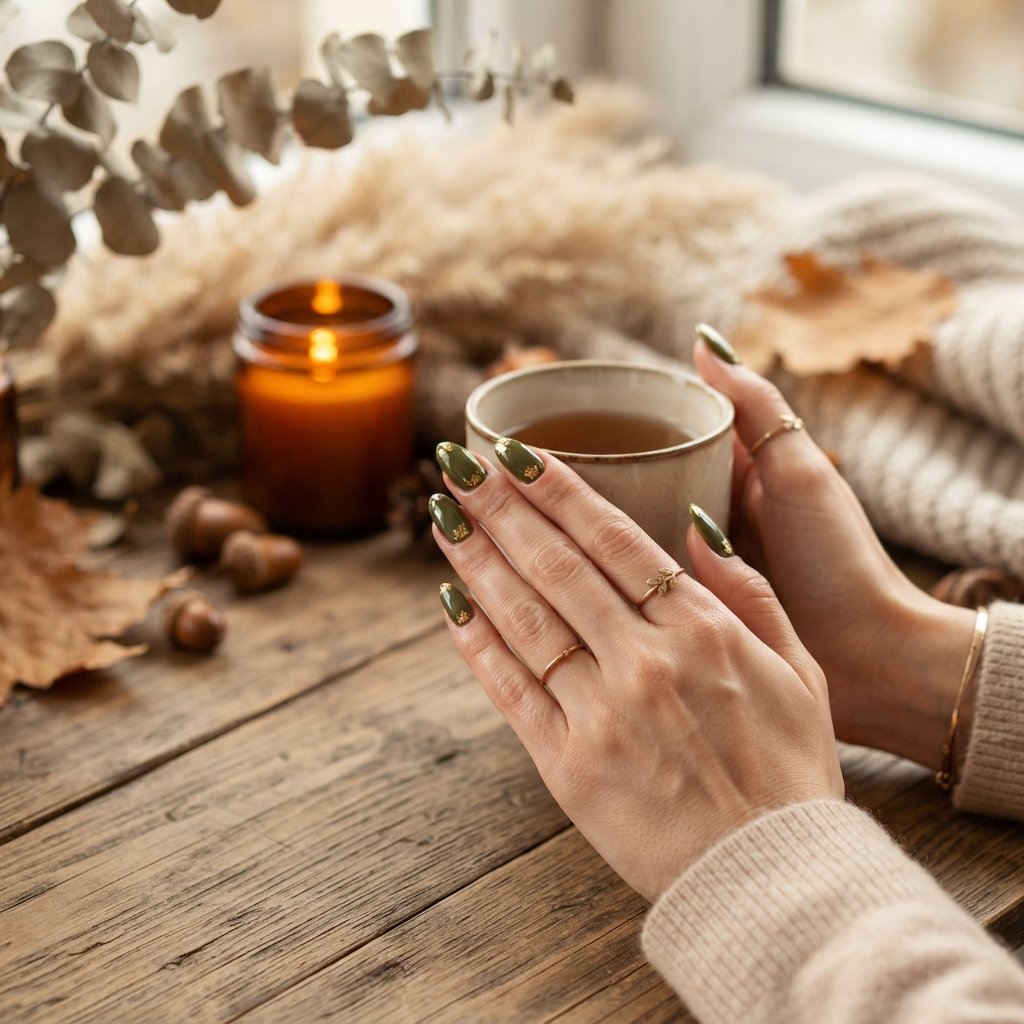 20 Almond Shape Fall Nail Designs That Look Elegant Every Time 14 Olive and Gold Nails