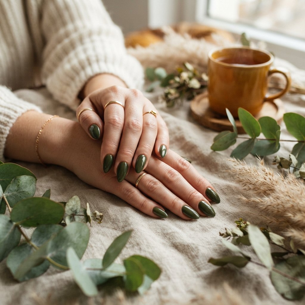 20 Almond Shape Fall Nail Designs That Look Elegant Every Time 4 Olive Green Elegance