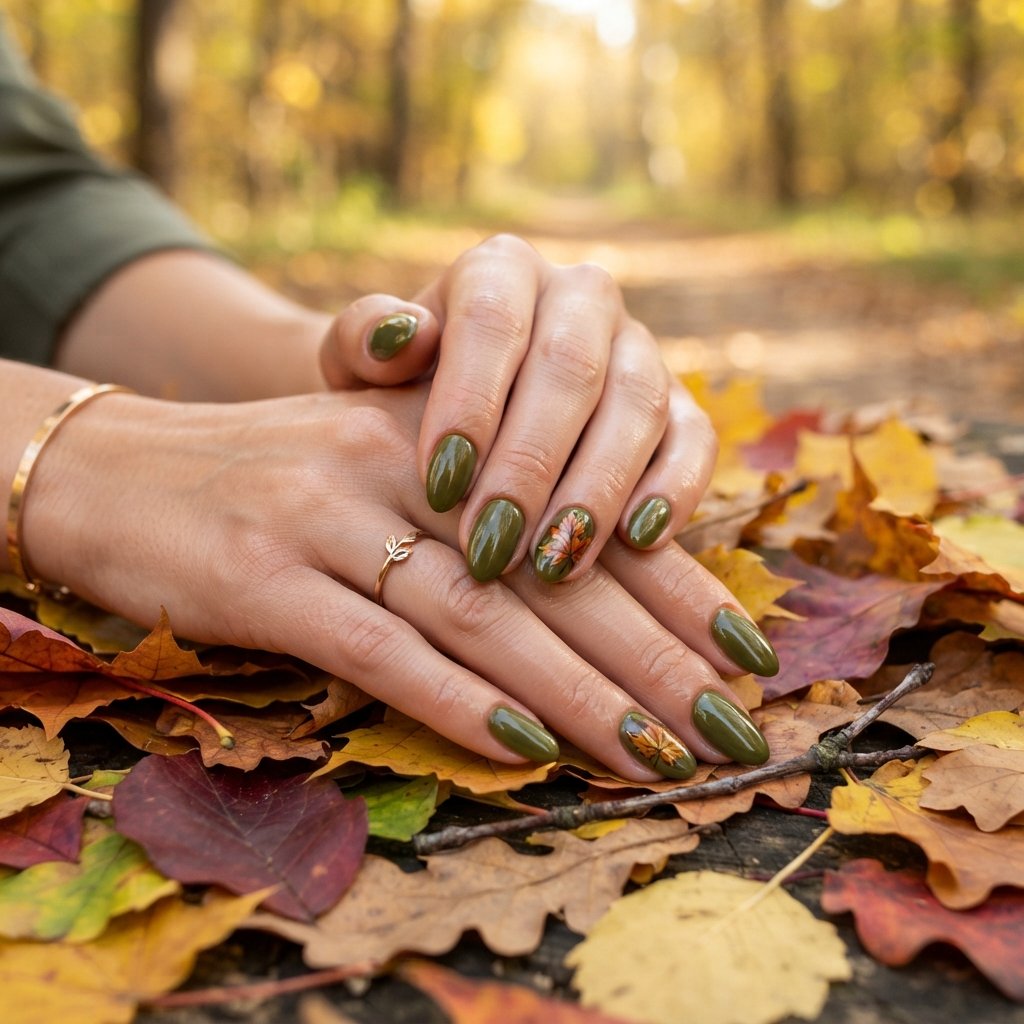 24 Green Fall Nail Designs That Feel Fresh and Trendy 17 Leaf Accent Nails