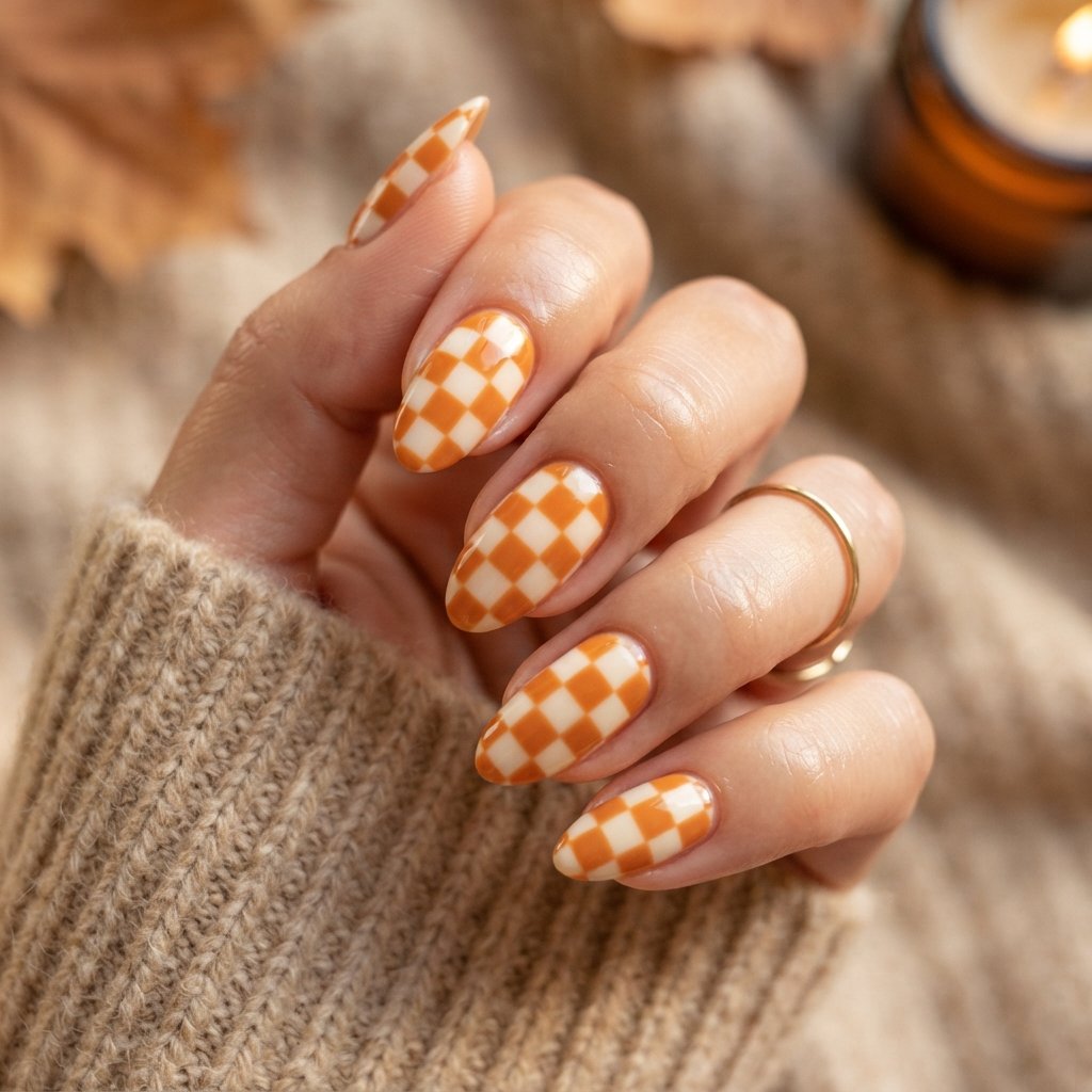 21 Orange Fall Nail Designs That Celebrate Autumn in Style 12 Orange Checkerboard Nails