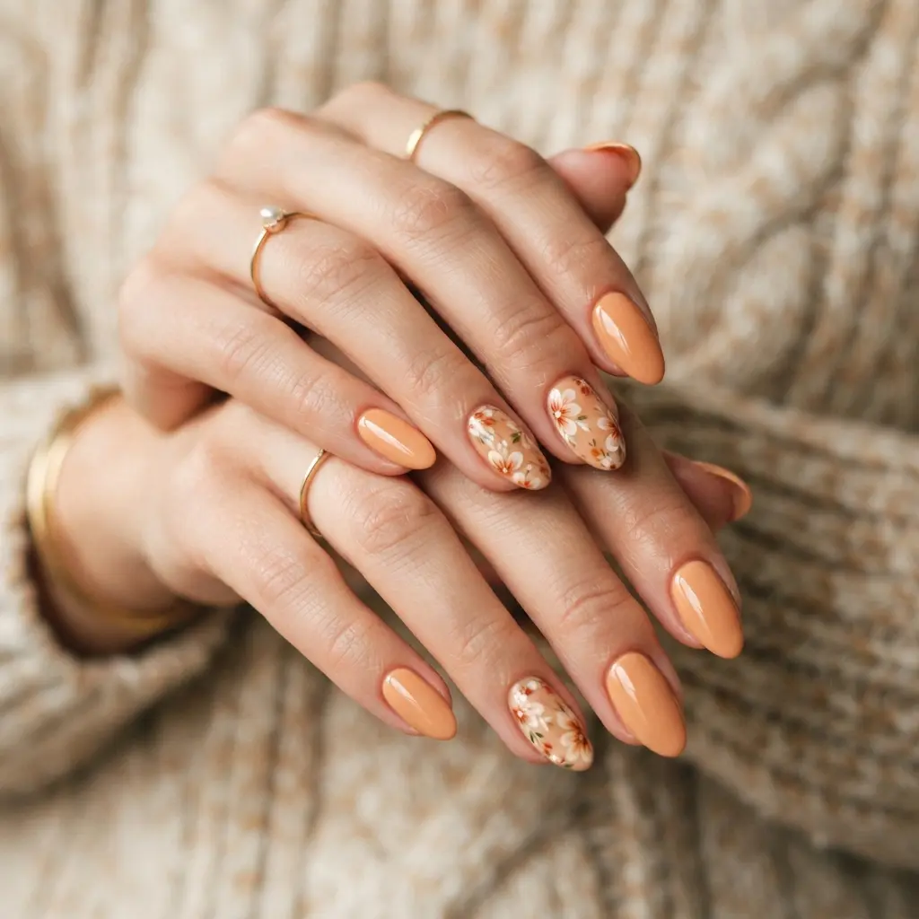 Orange Floral Nails