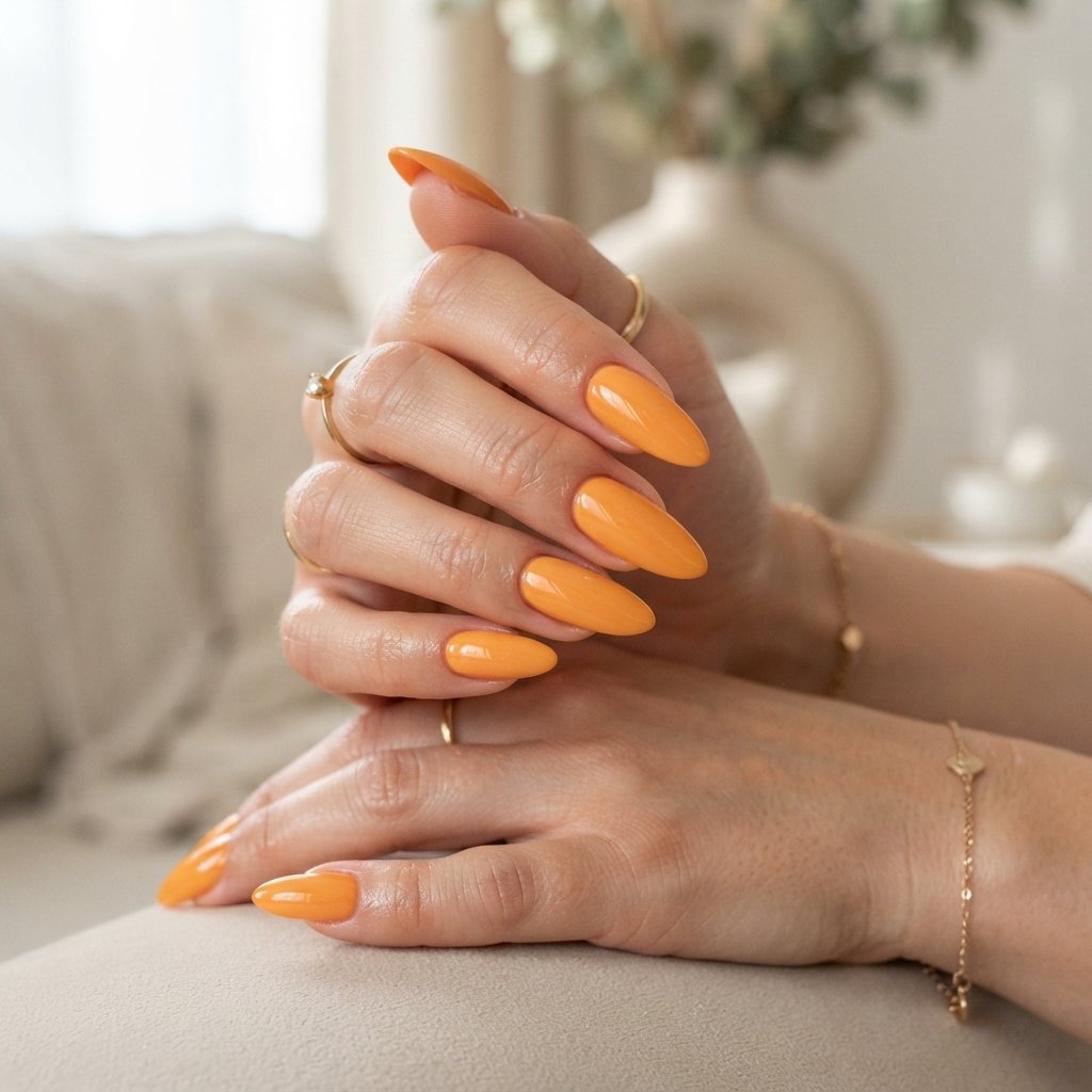 27 Long Almond Nails That Make a Stunning Statement 23 Orange Long Almond Nails