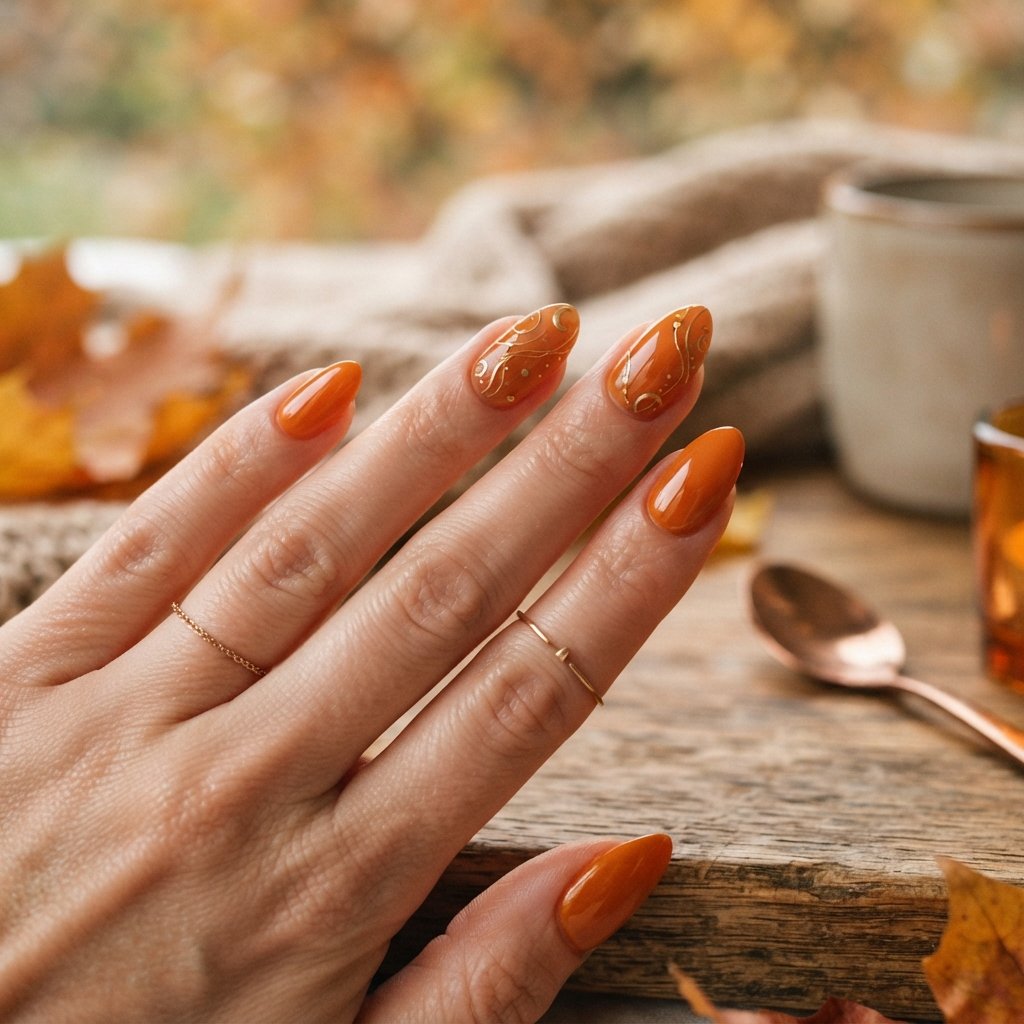 21 Orange Fall Nail Designs That Celebrate Autumn in Style 7 Orange And Gold Details