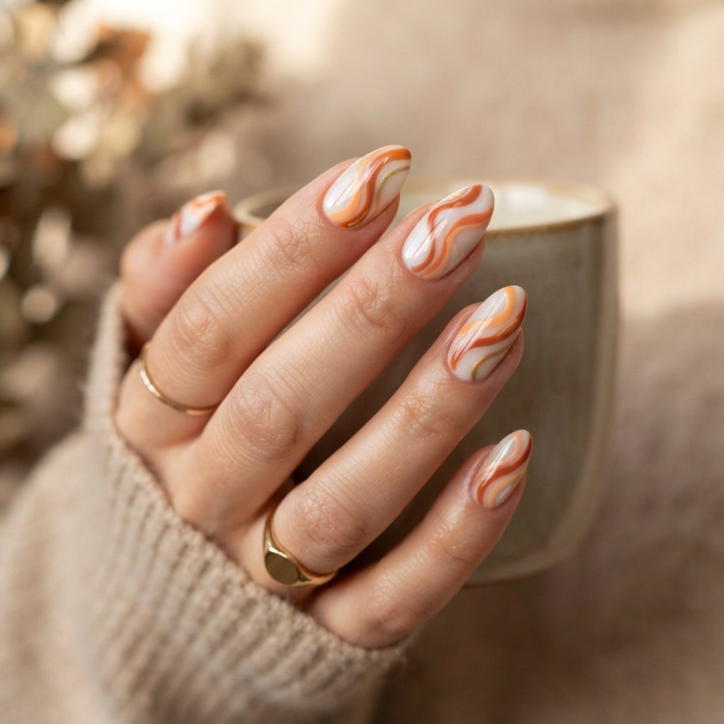 21 Orange Fall Nail Designs That Celebrate Autumn in Style 16 Orange Swirl Nails
