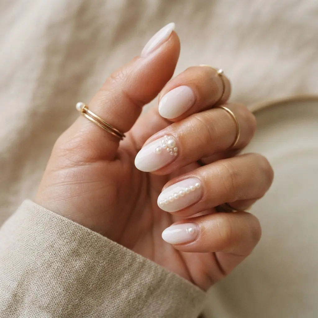  Short Almond Nails With Pearl Details