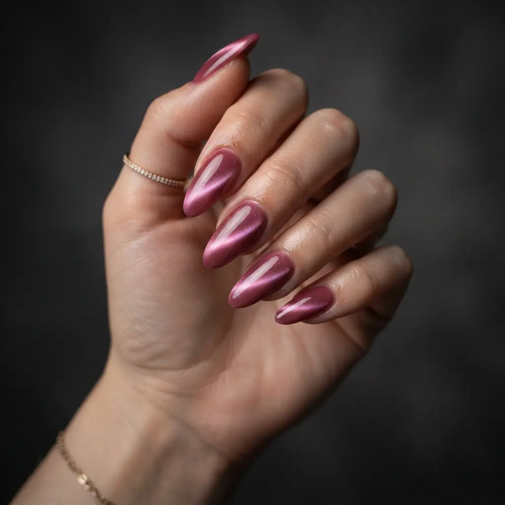21 Pink Almond Nails You'll Be Obsessed With 17 Pink Cat Eye Almond Nails