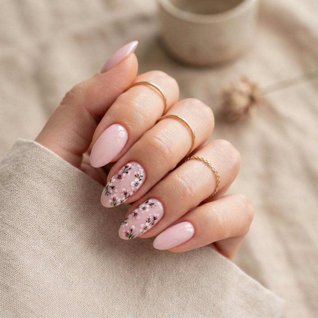 Pink Floral Almond Nails