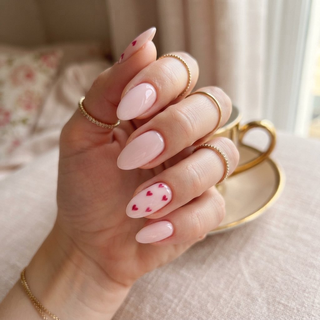 Pink Heart Almond Nails