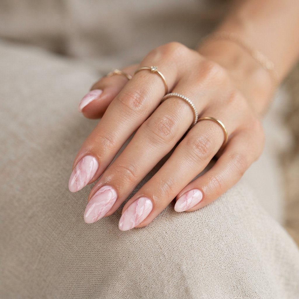 Pink Marble Almond Nails