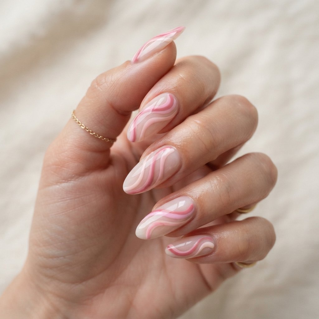 Pink Swirl Almond Nails