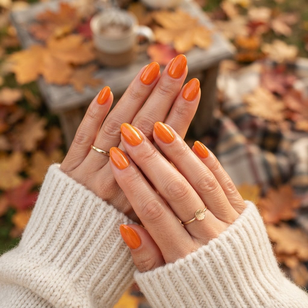 22 Cute Fall Nail Designs Everyone Will Love 2 Glossy Pumpkin Orange Nails