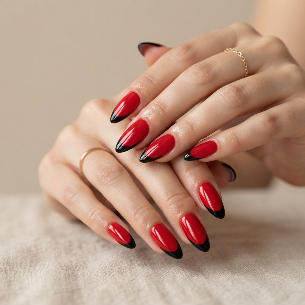 Red Almond Nail With Black Tips