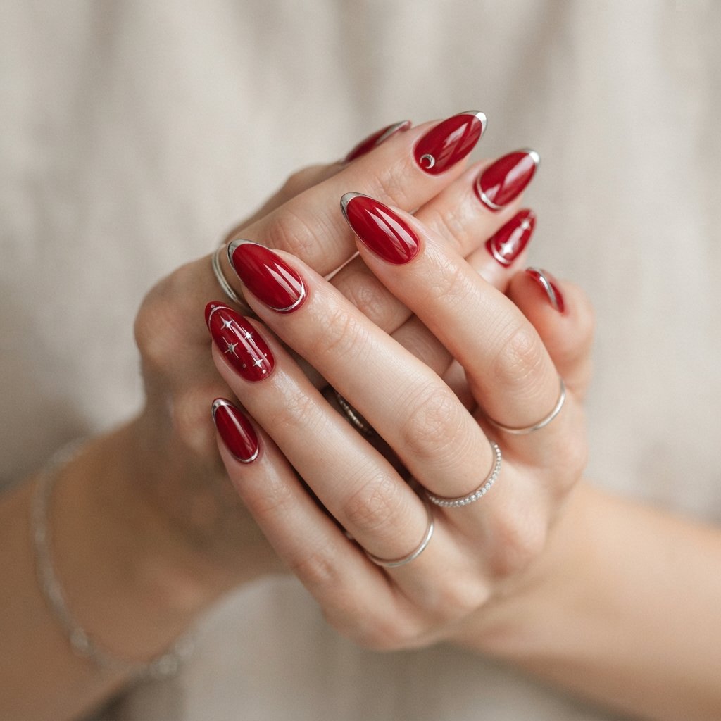 Red Almond Nail With Silver Chrome