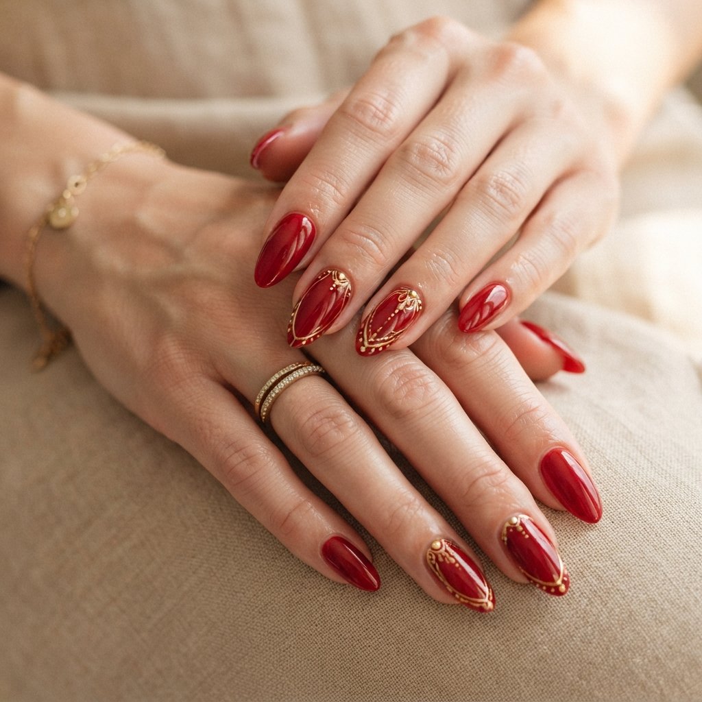 Red Almond Nails With Gold Details