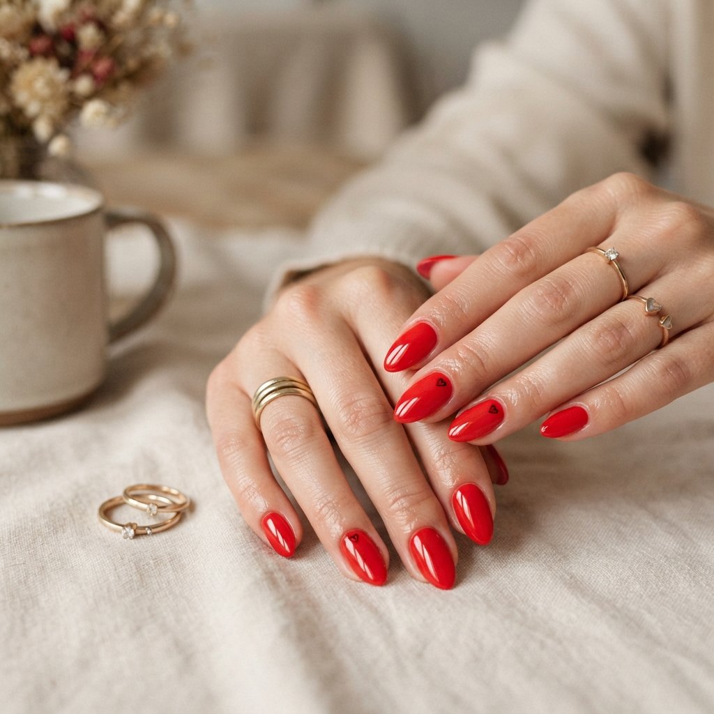Red Almond Nails With Tiny Hearts