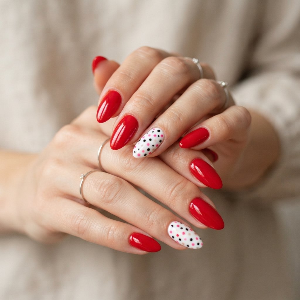  Red Almond Nail With Polka Dots