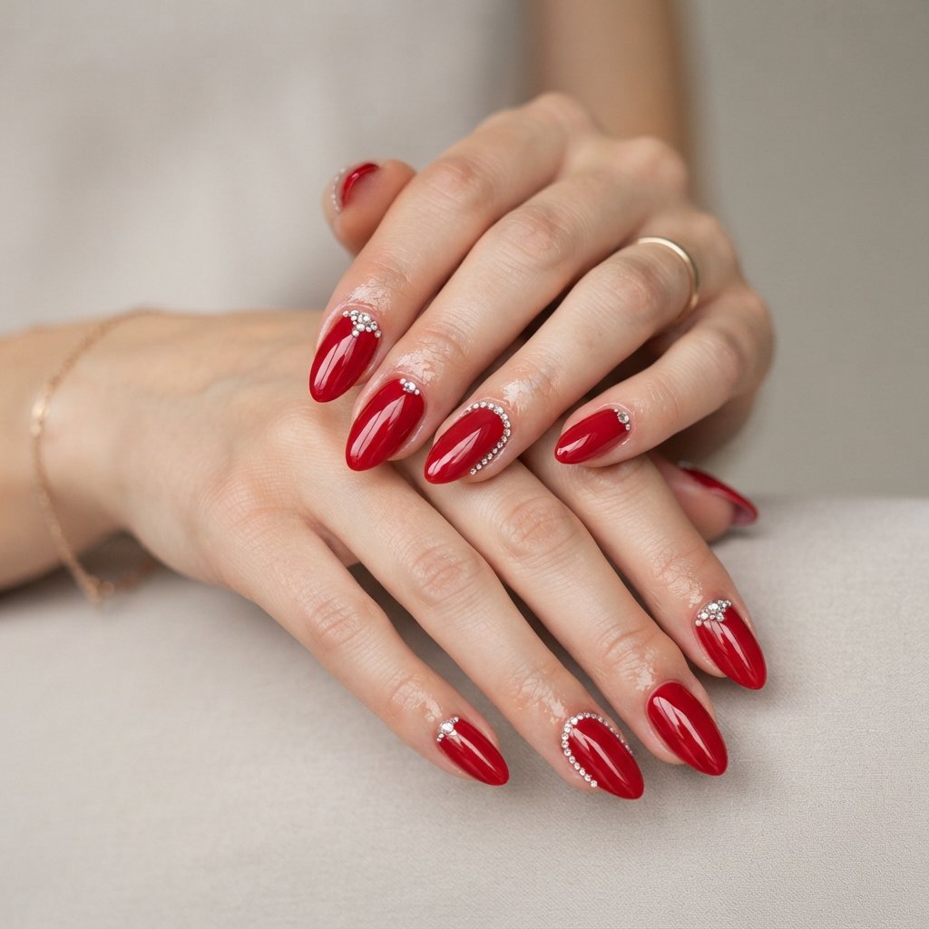  Red Almond Nail With Rhinestones
