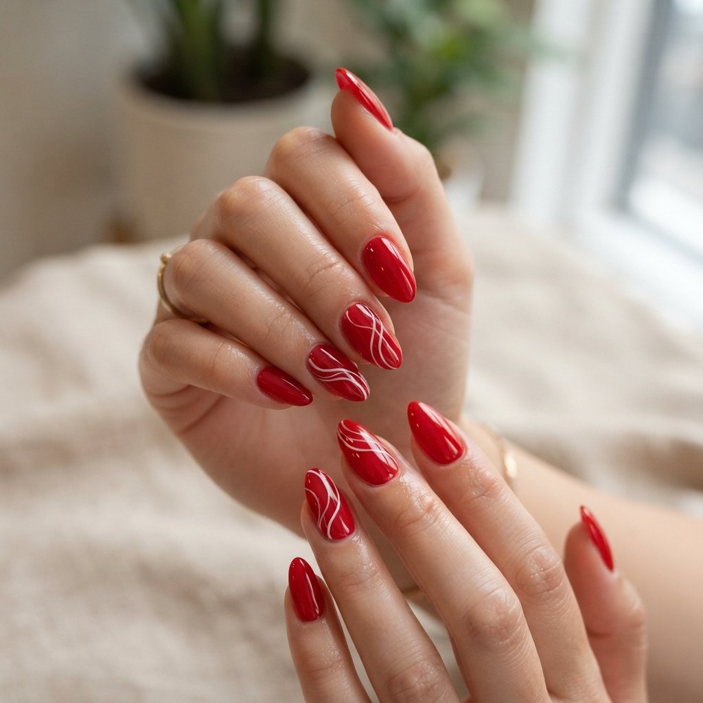 Red Almond Nails With White Swirls