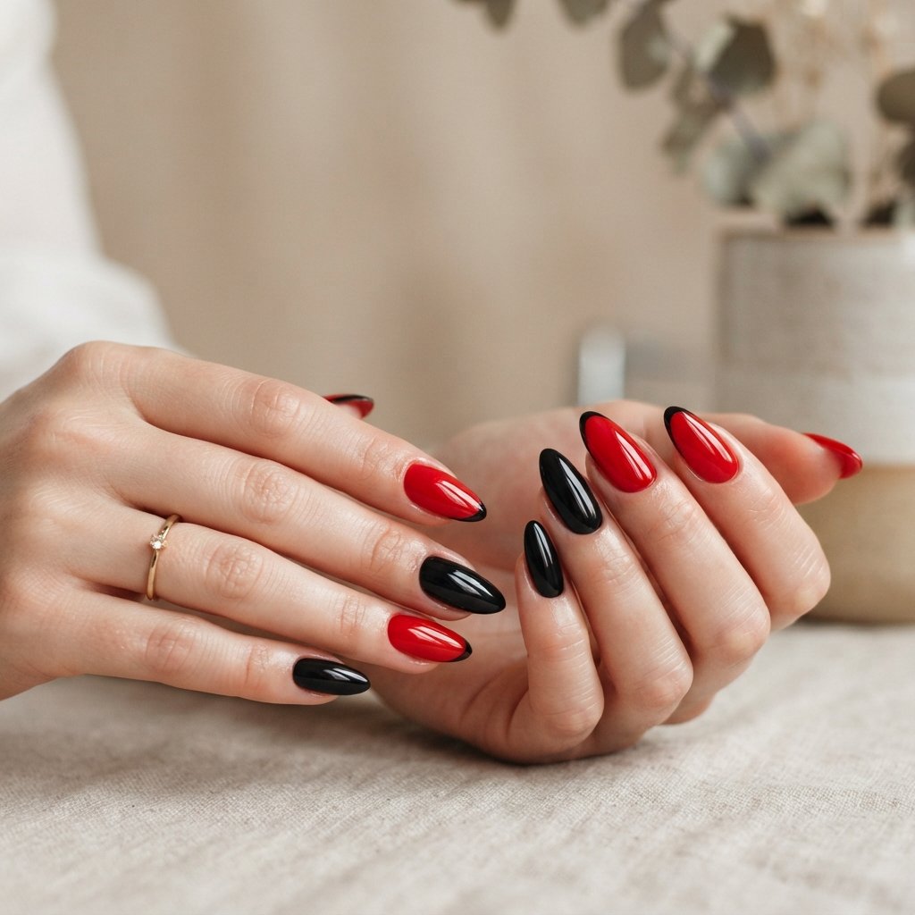  Red And Black Almond Nails