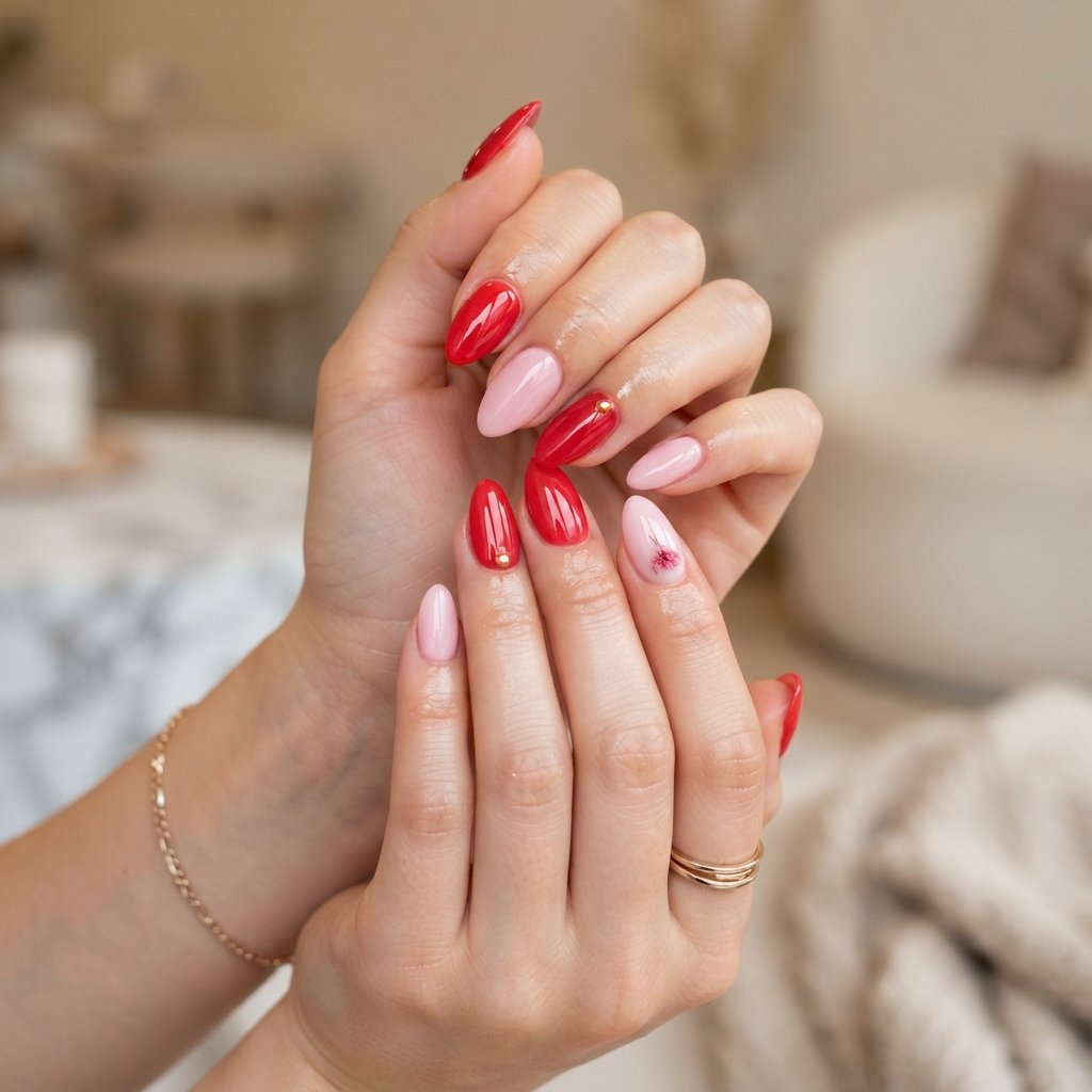 Red And Pink Almond Nails