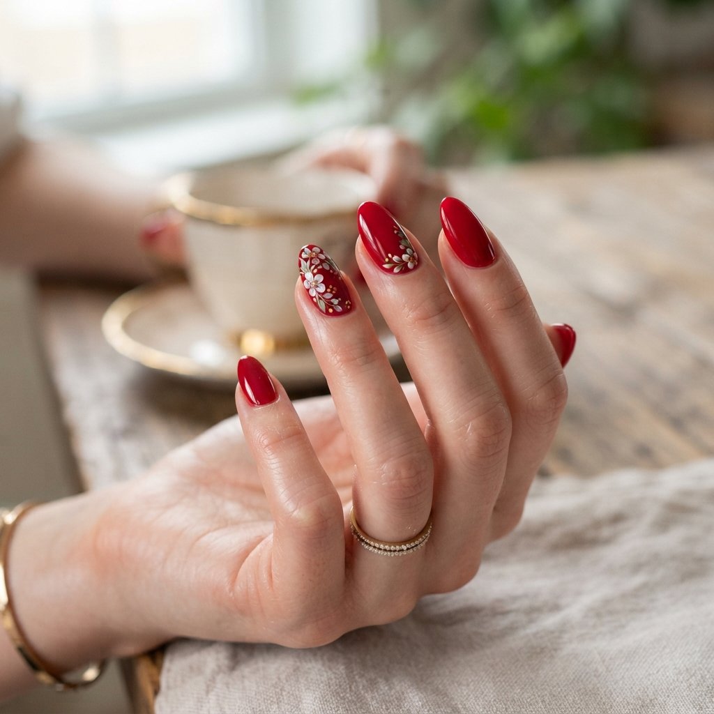 Red Floral Almond Nails